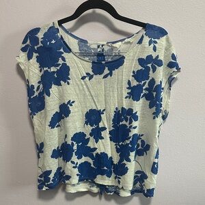 Floral Blue and White Women's Top- Linen